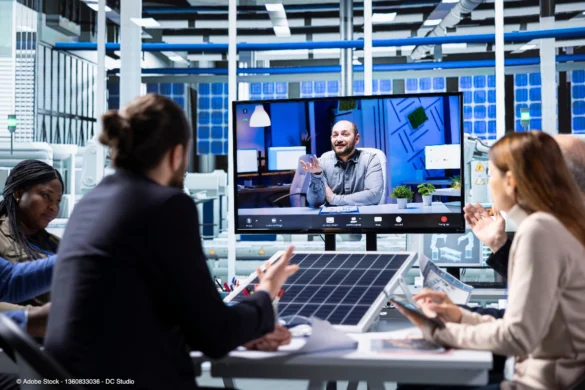 Fachleute diskutieren ein Solarmodul während einer Videokonferenz in einem modernen Labor zur Photovoltaik Wirkungsgrad Forschung.