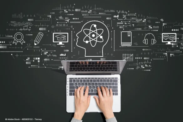 Hände tippen auf einem Laptop, umgeben von digitalen Lernsymbolen, die das Thema Fortbildung wissenschaftlicher Mitarbeiter veranschaulichen.